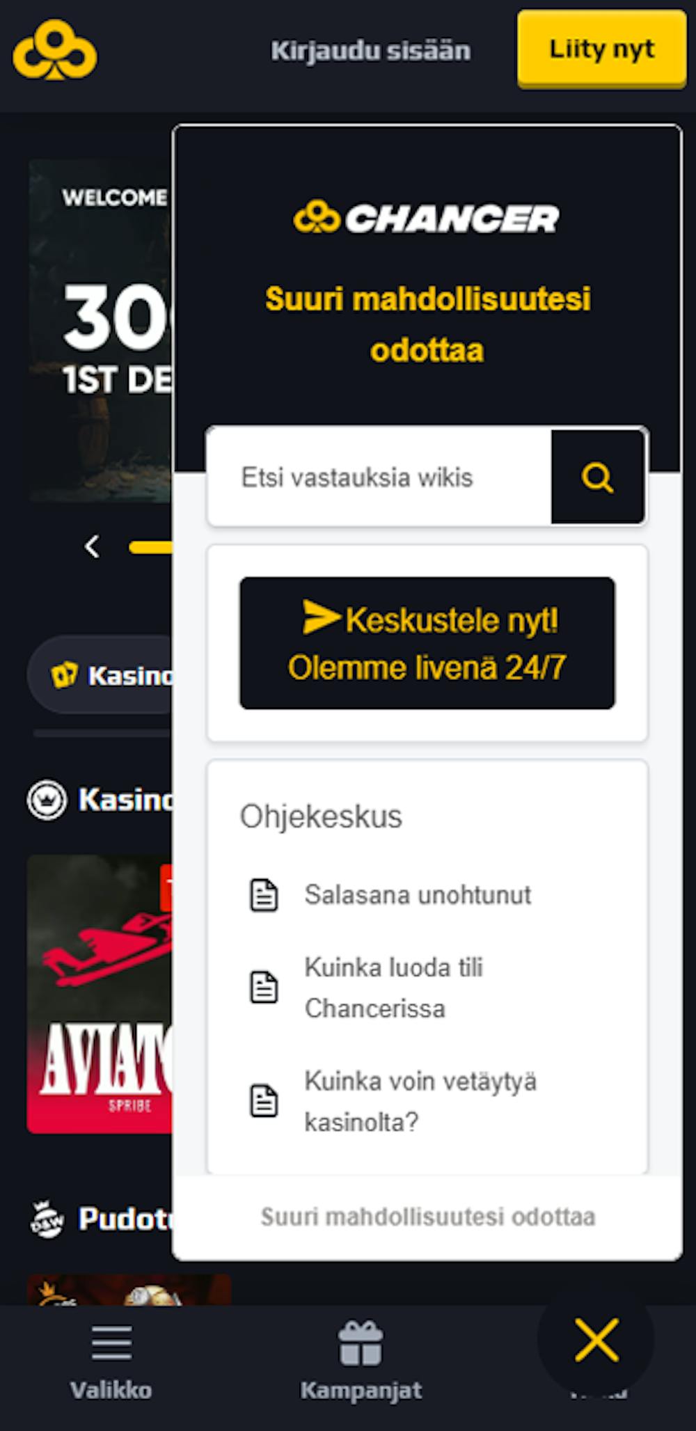 Chancer Betin asiakaspalvelu