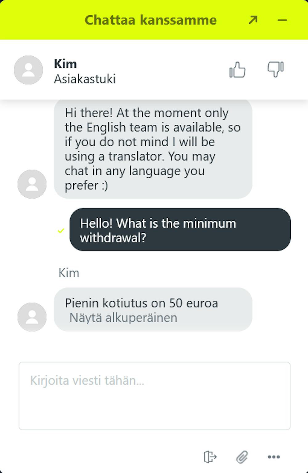 National Betin chatissa ei palvele natiivi suomalainen asiakaspalvelija.