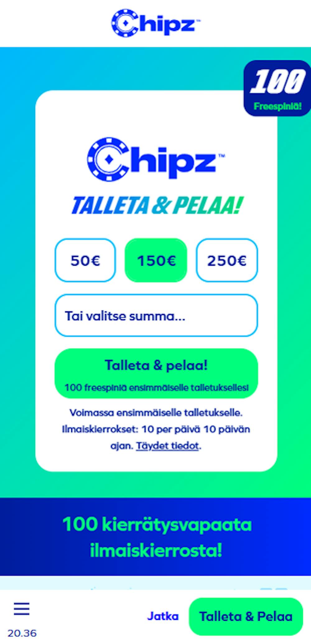Chipz kasinon tervetuliaisbonus tarjous