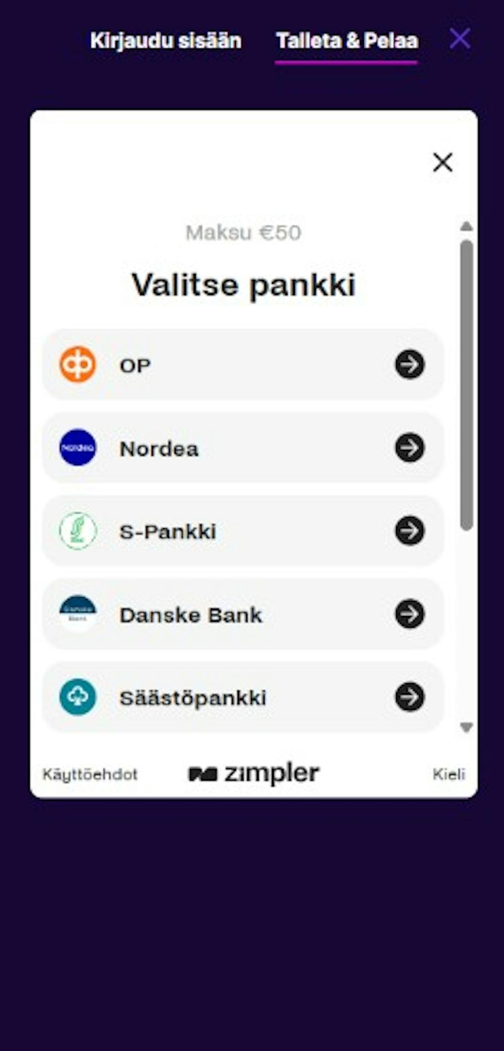 Cipherwins Casinon pelitili avataan tallettamalla suomalaispankkien kautta Zimplerin avustuksella.