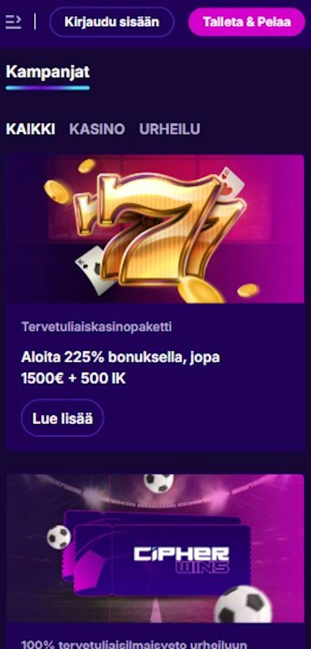 Cipherwins Casinon tervetuliaisedun arvo on kokonaisuudessaan jopa 225 % bonus 1500 euroon asti.