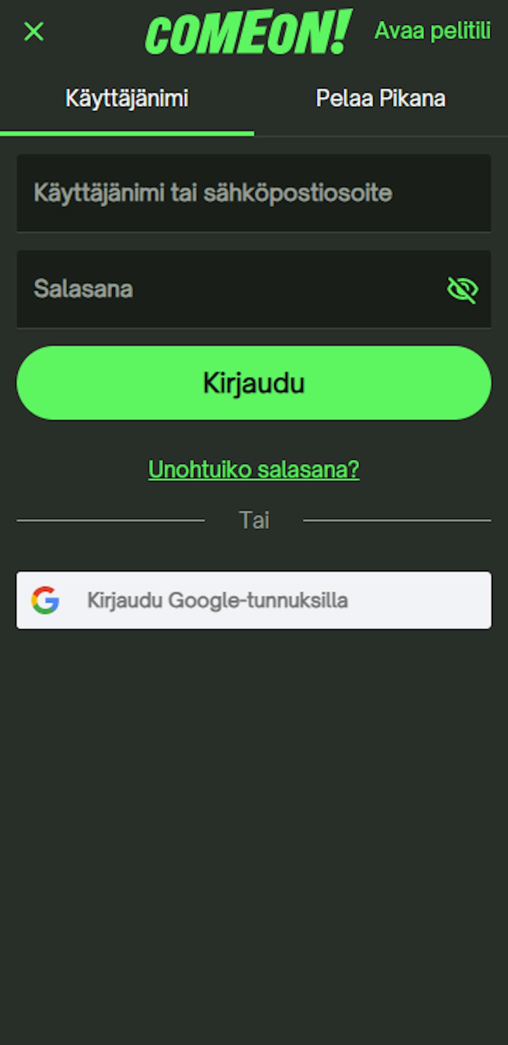 Rekisteröityminen ComeOn kasinolle
