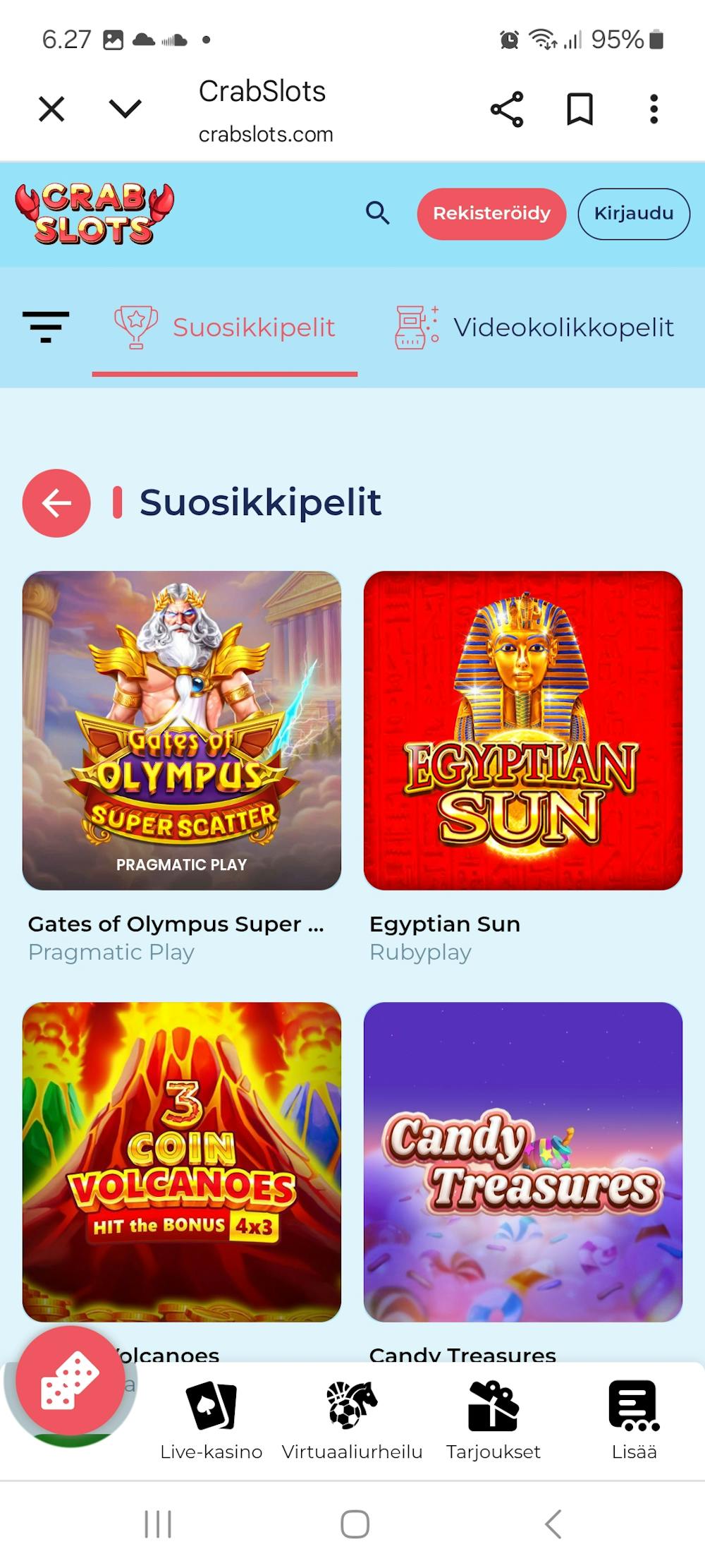 Crabslots kasinon suosikkipelejä ovat esimerkiksi Candy Treasures ja Gates of Olympus Super Scatter.