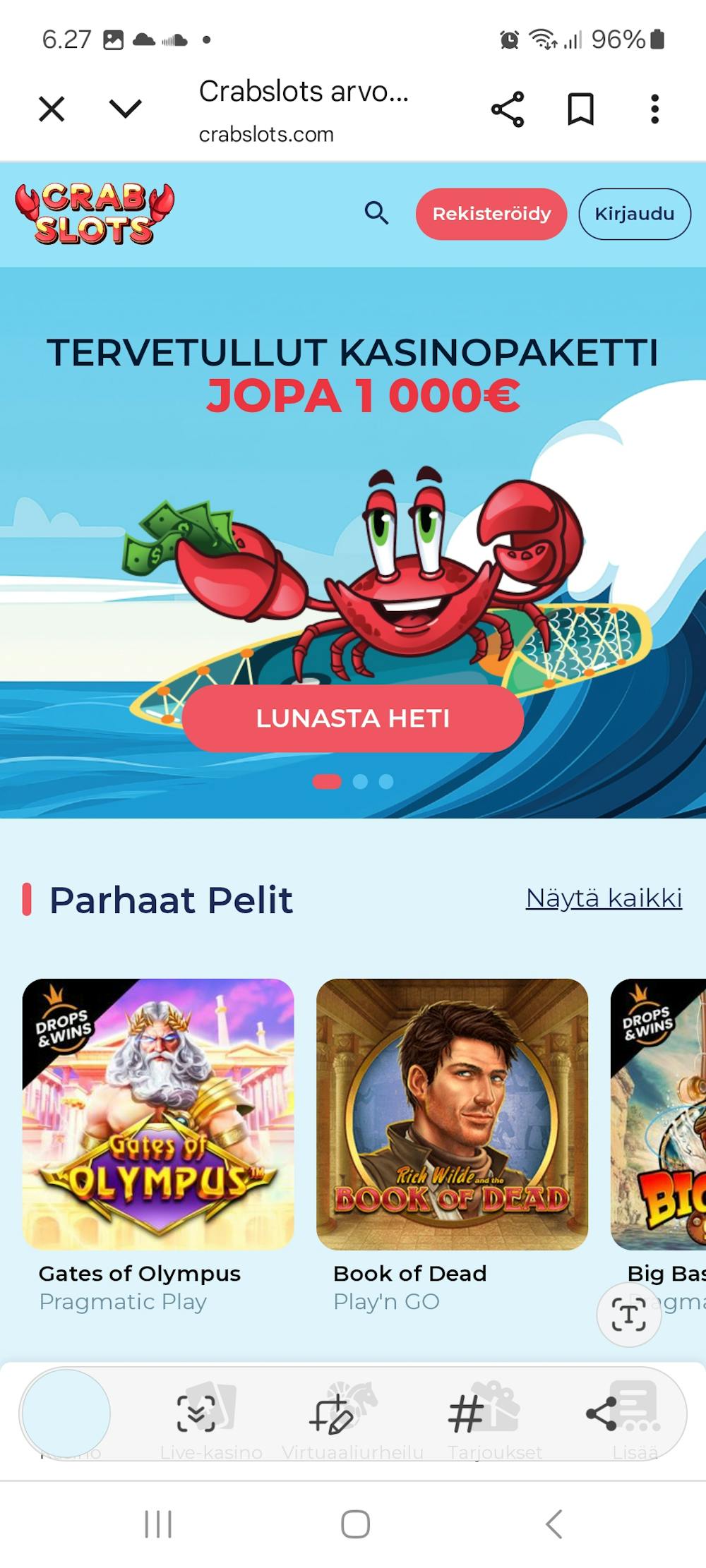 Crabslots Casinon tervetuliaisbonus on jopa 1000 euron arvoinen.