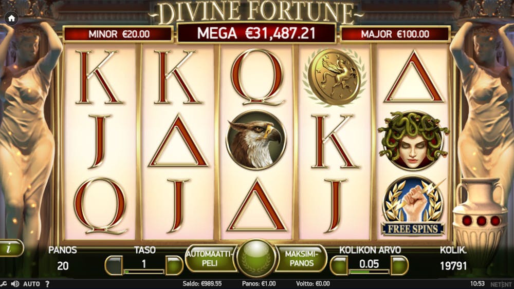 Divine Fortune slotti 100 pyöräytyksen testissä - näkymä pelistä spinnien jälkeen