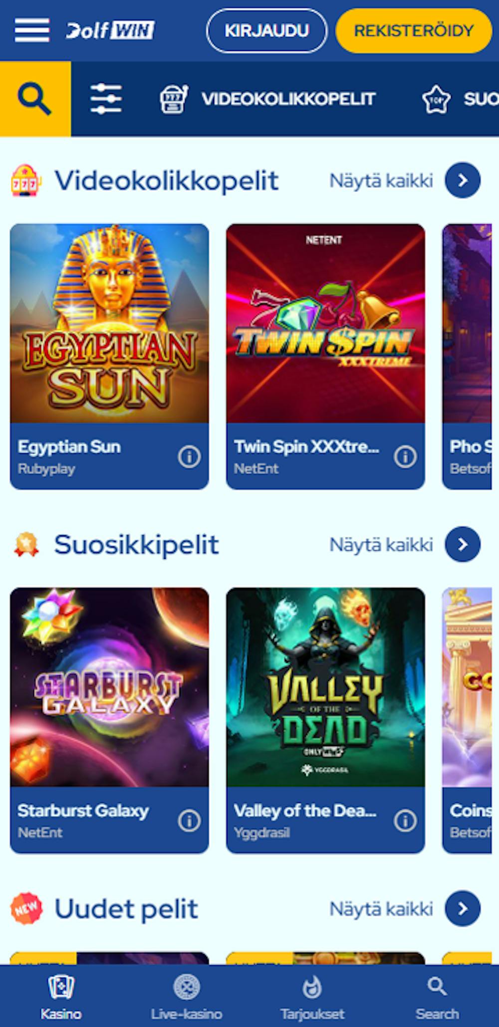 Dolfwin nettikasinon pelitarjontaa