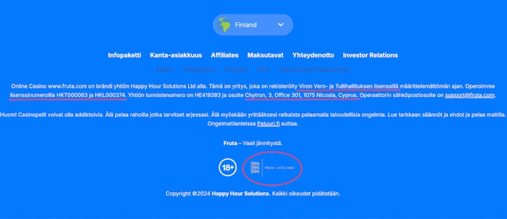 Viron EMTA lisenssin tiedot Fruta Casinon etusivun alareunassa