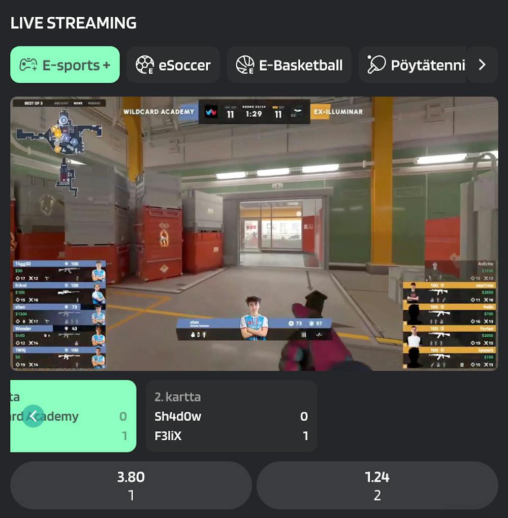 Esports live-lähetys - streaming-kuvaa pelistä Dynabetilla