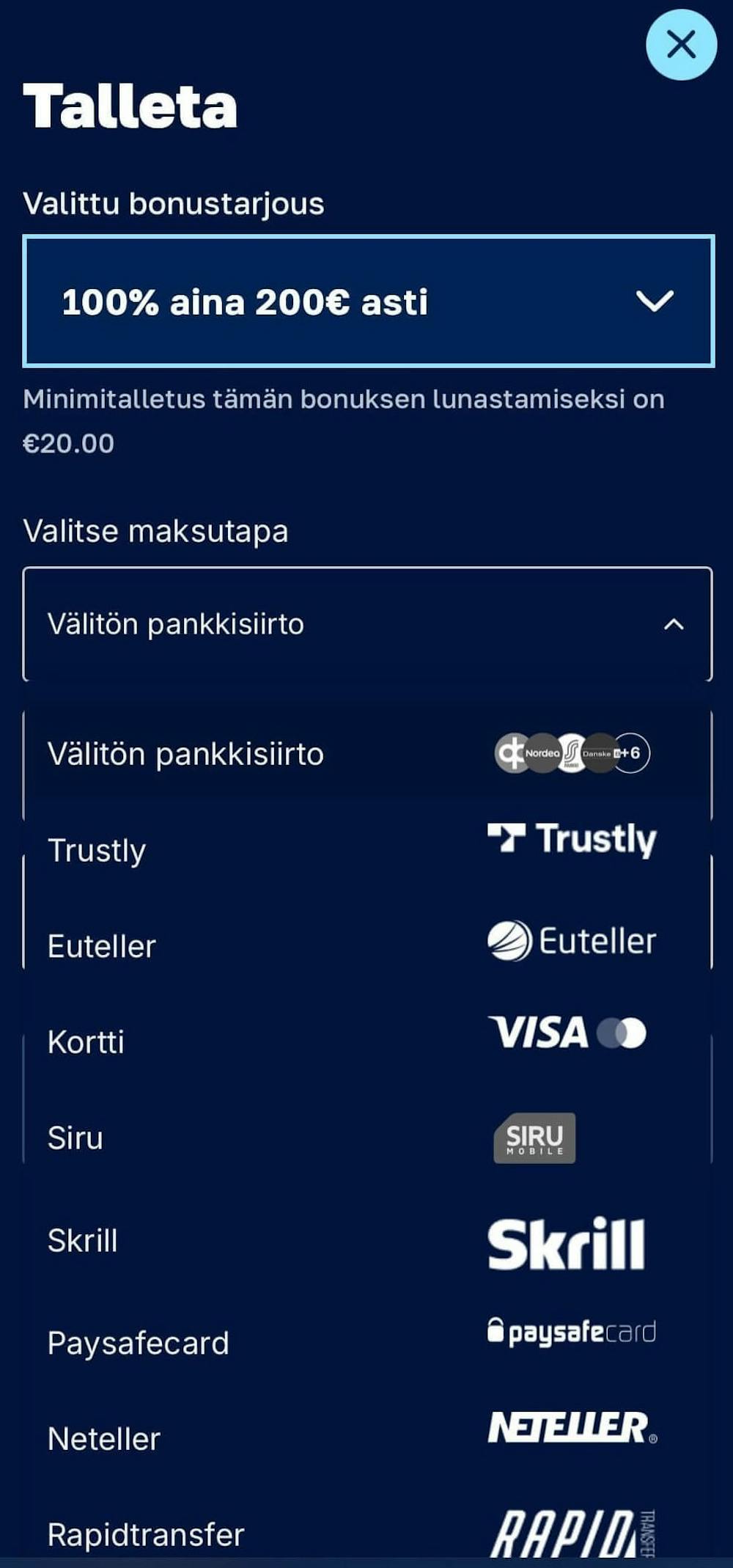 Euteller talletus valitse maksutapa