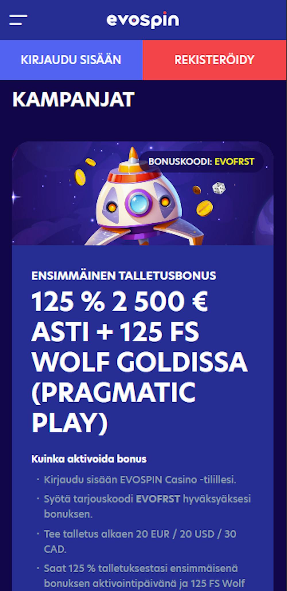 Evospinin tervetulotarjous