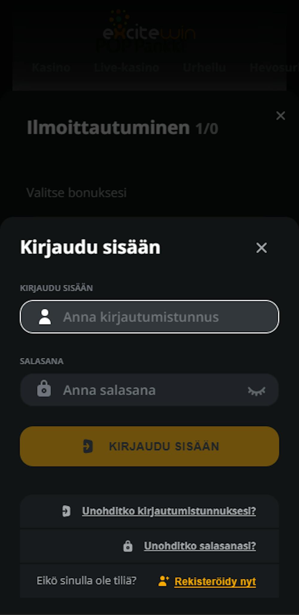 Pelitilin avaaminen Excite Win kasinolle