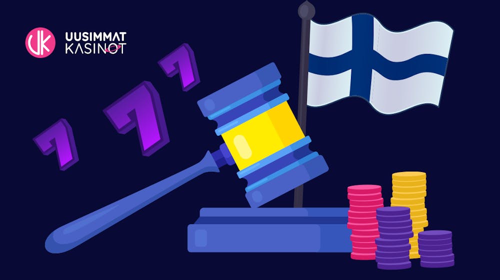 Suomen rahapelijärjestelmä - kuvassa Suomen lippu, tuomarin vasara ja pelimerkkejä
