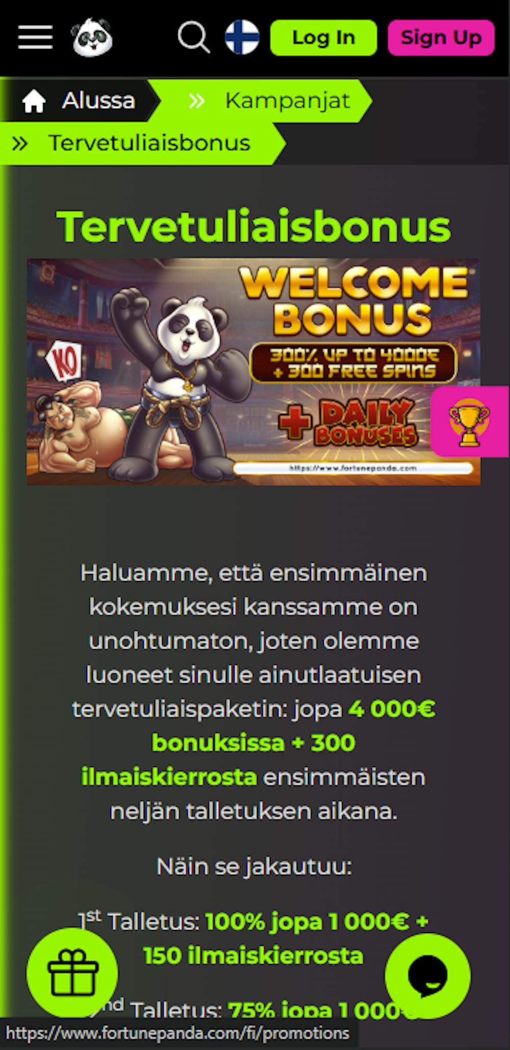 Tervetuliaisbonus Fortune Panda casinolla