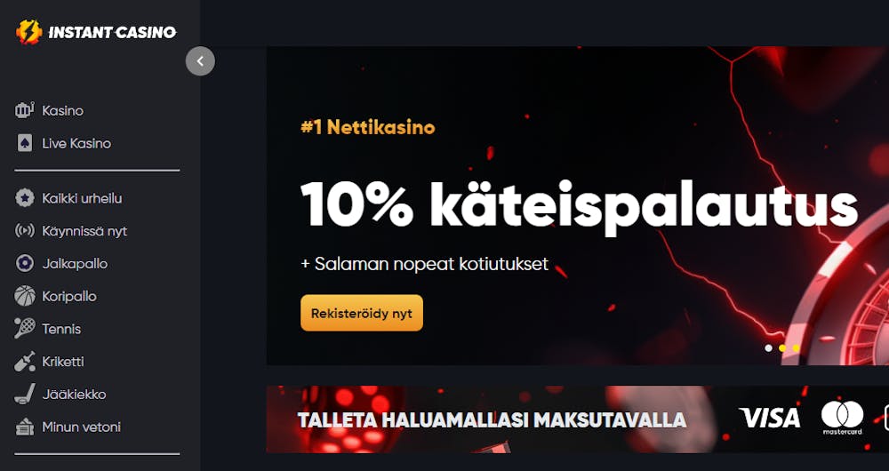 Instant Casinon etusivulta löytyy tietoa kasinon tarjoamasta käteispalautusesta.