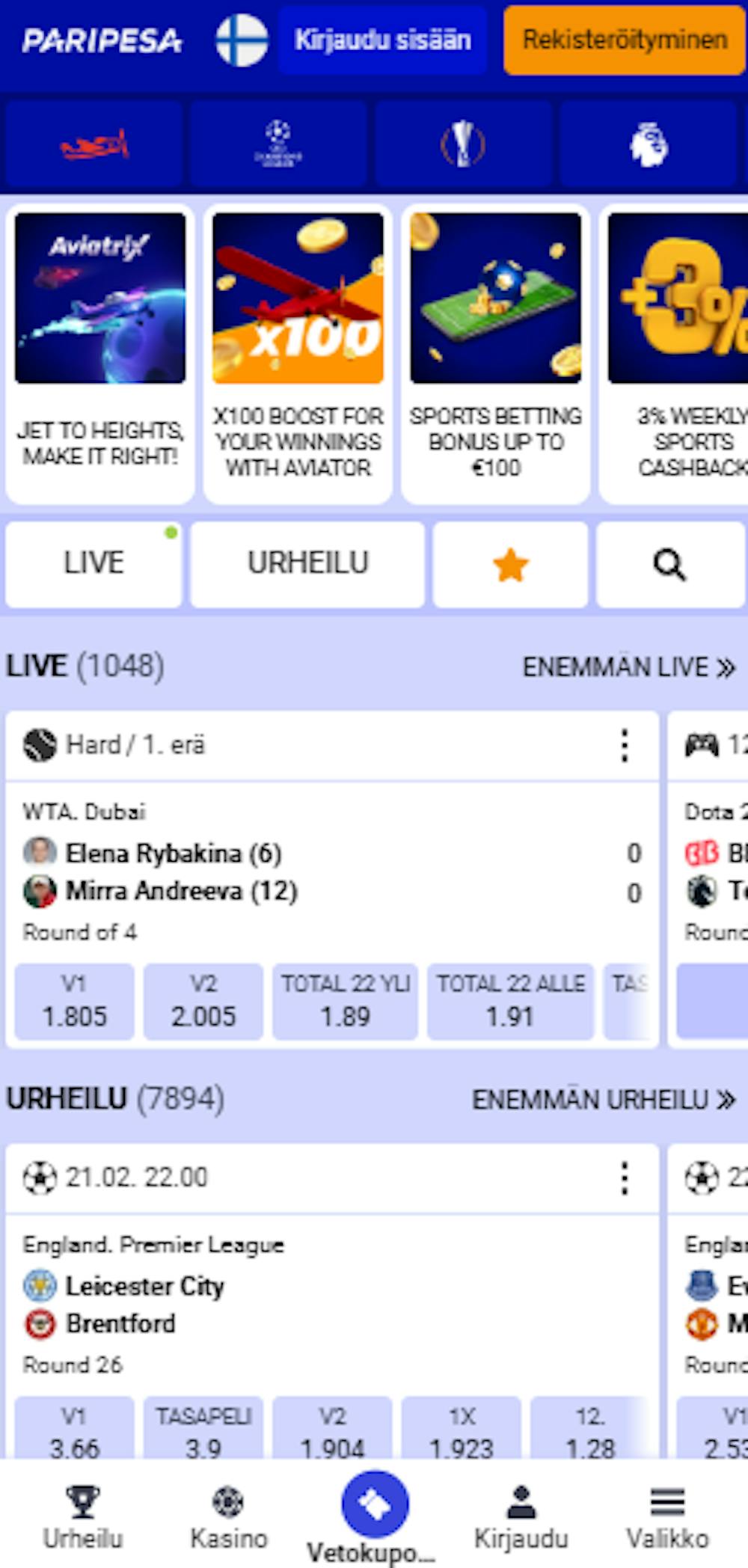 Paripesa kasinon näkymä etusivulla.