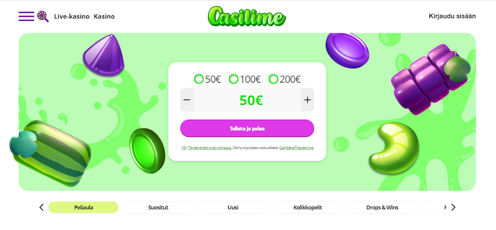 Casilime kasinon etusivu ja talletusvalikko.