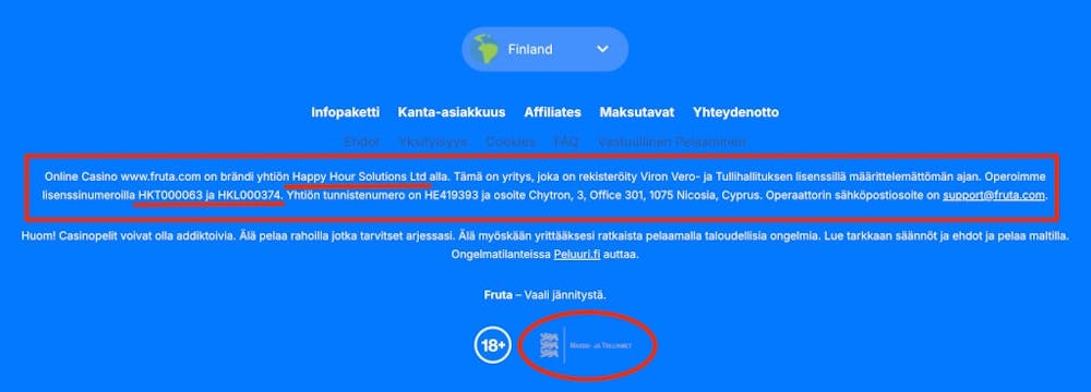 Lisenssitiedot Fruta Casinon etusivun alalaidassa, Viron lisenssi.