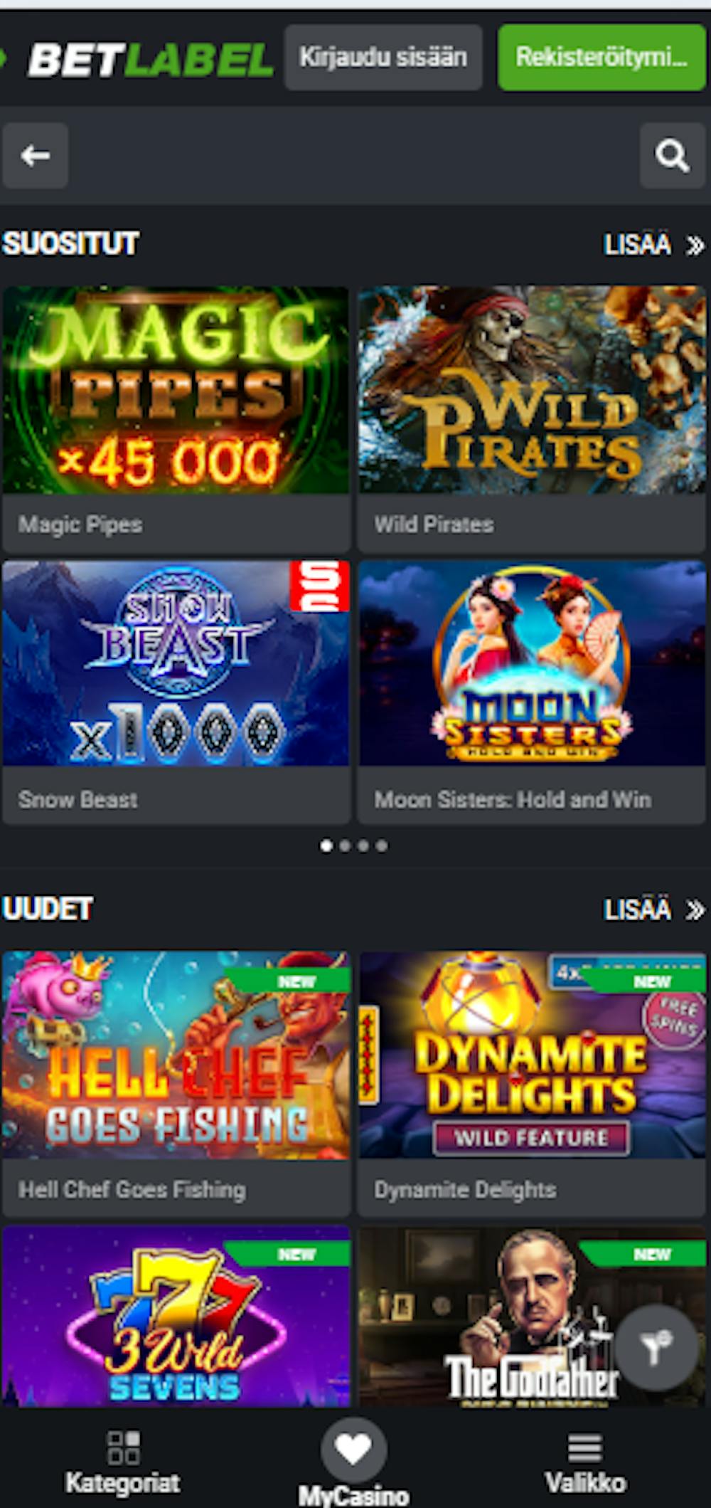 Bet Label kasinon pelitarjontaa.
