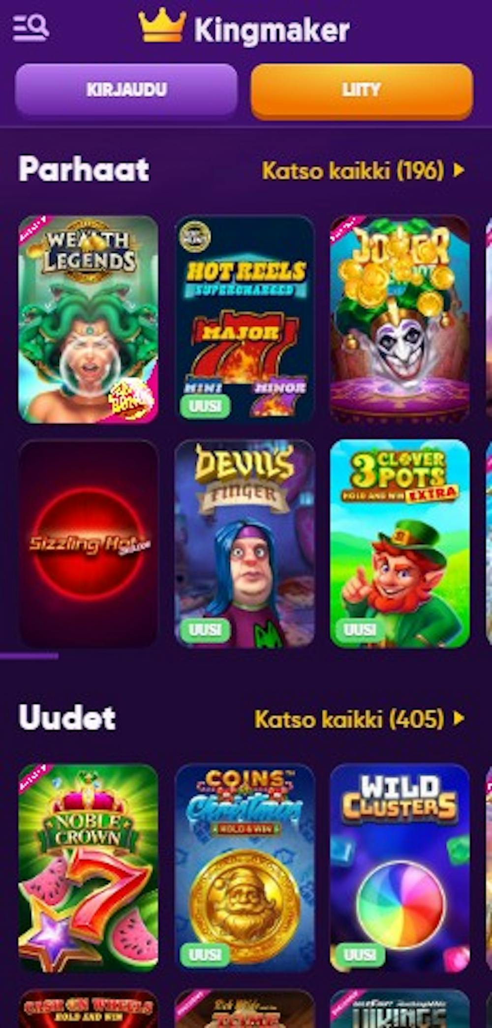 Kingmaker kasinolla on paljon suosittuja pelejä, kuten Wild Clusters ja Hot Reels.