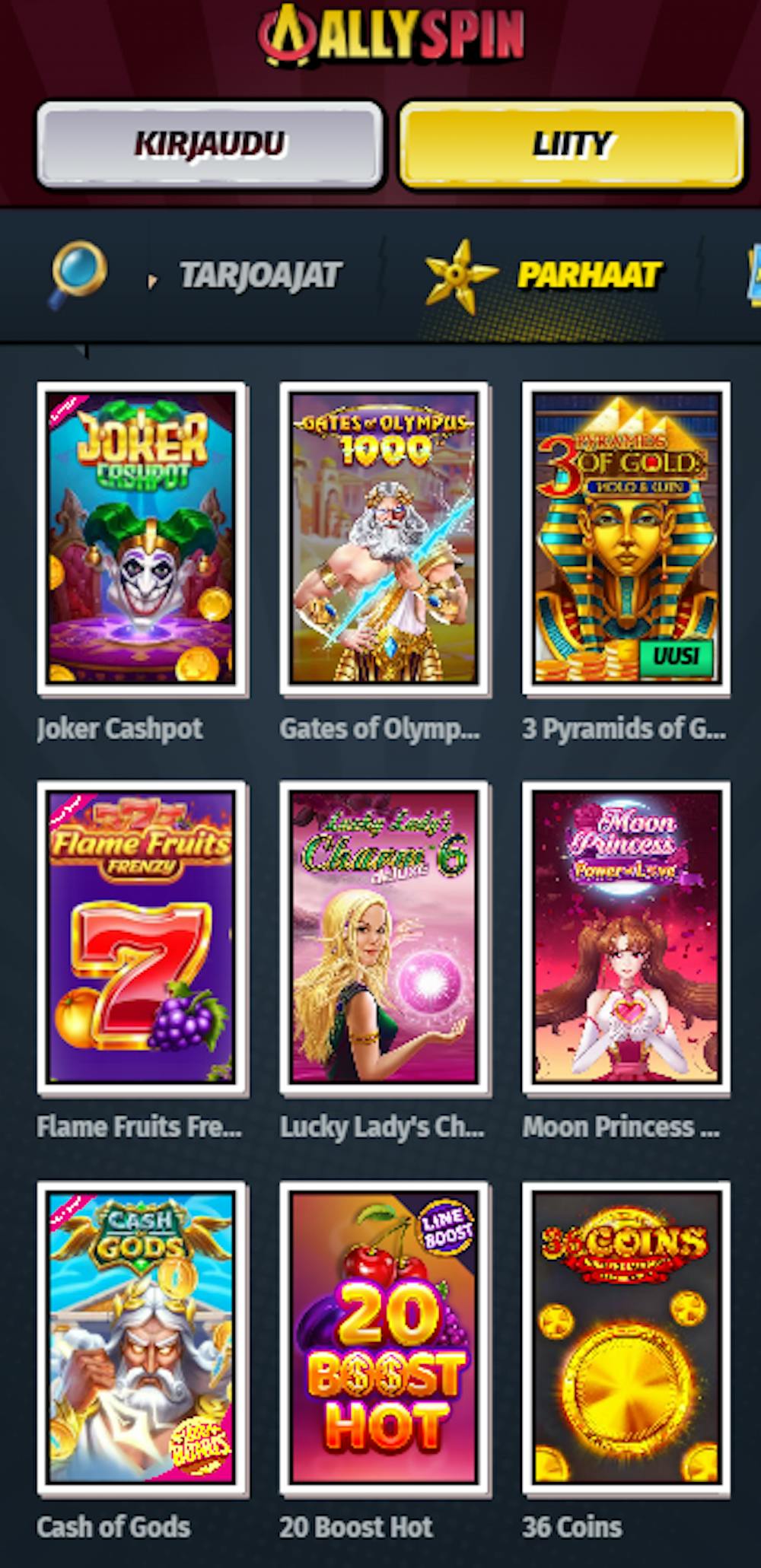 AllySpin Casinon suosittuja pelejä ovat esimerkiksi Cash of Gods ja Joker Cashpot.
