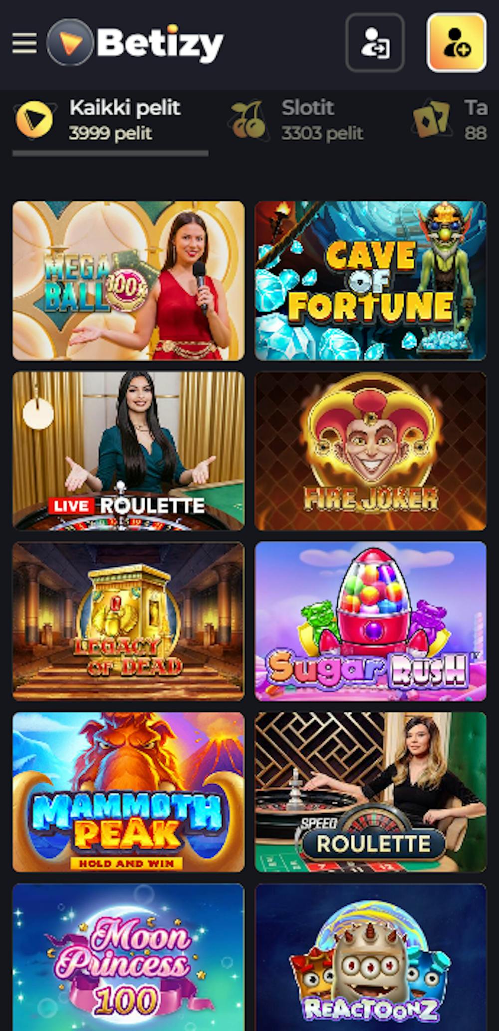 Betizy Casinon suosituimpiin peleihin kuuluu sekä pöytäpelejä että kolikkopelejä, kuten Sugar Rush ja Reactoonz.