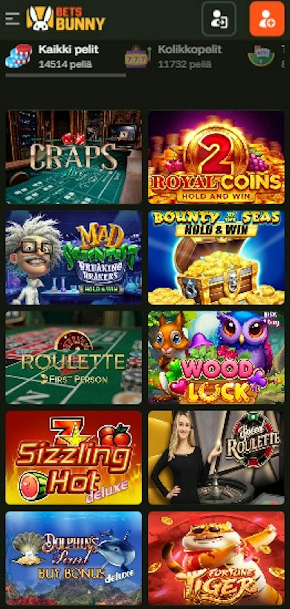 Bets Bunny Casinon pelejä ovat esimerkiksi Royal Coins 2 ja Craps.