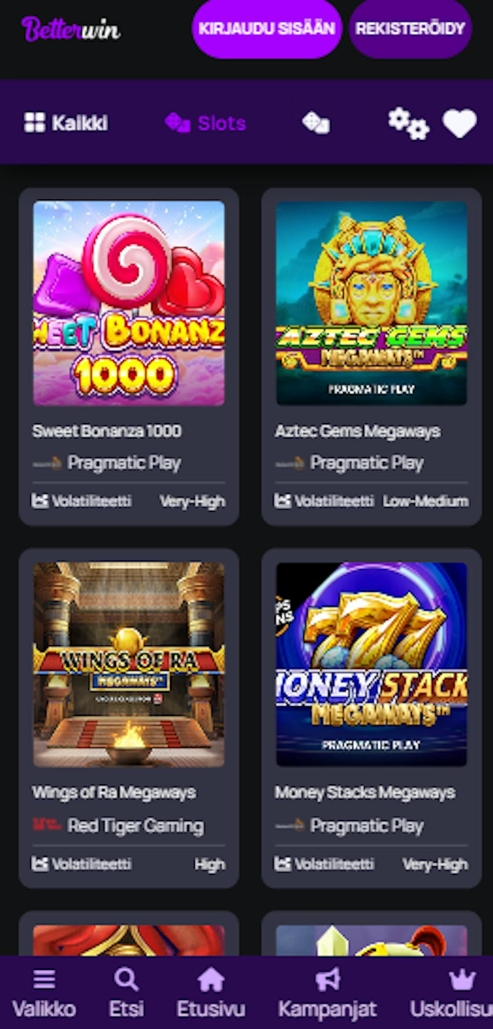 BetterWin Casinon peleihin kuuluvat esimerkiksi Sweet Bonanza ja Money Stack.