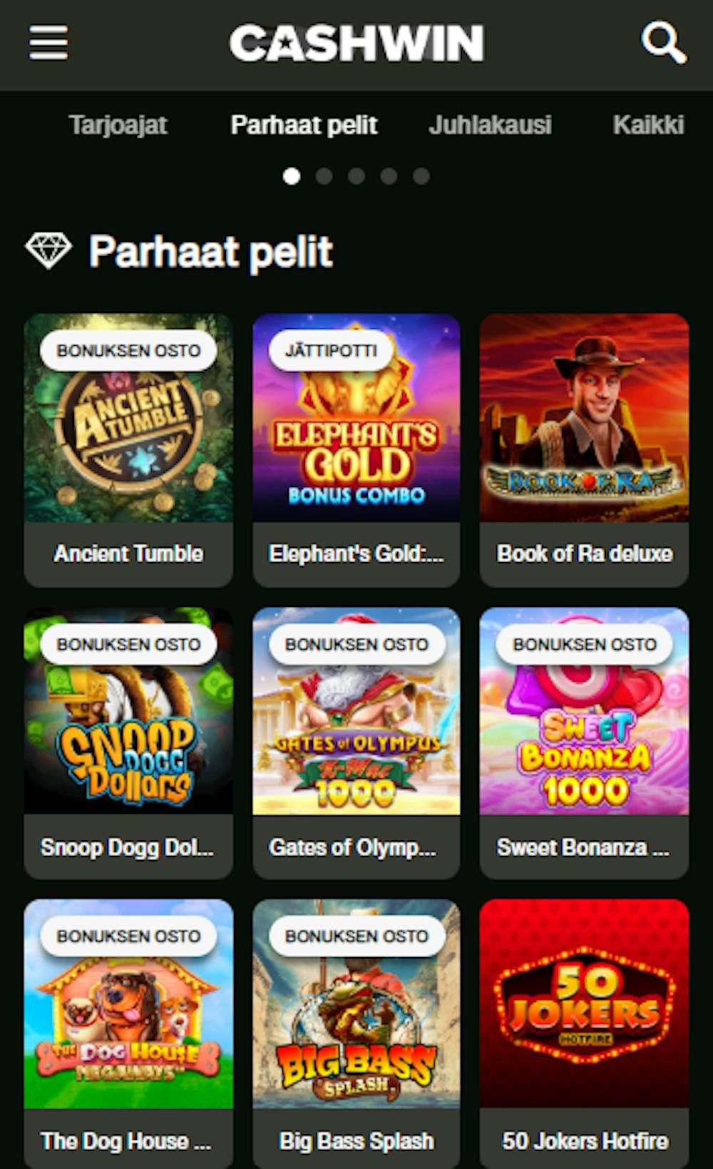 Cashwin Casinon peleihin lukeutuvat esimerkiksi Sweet Bonanza 1000 ja Dog House Megaways.