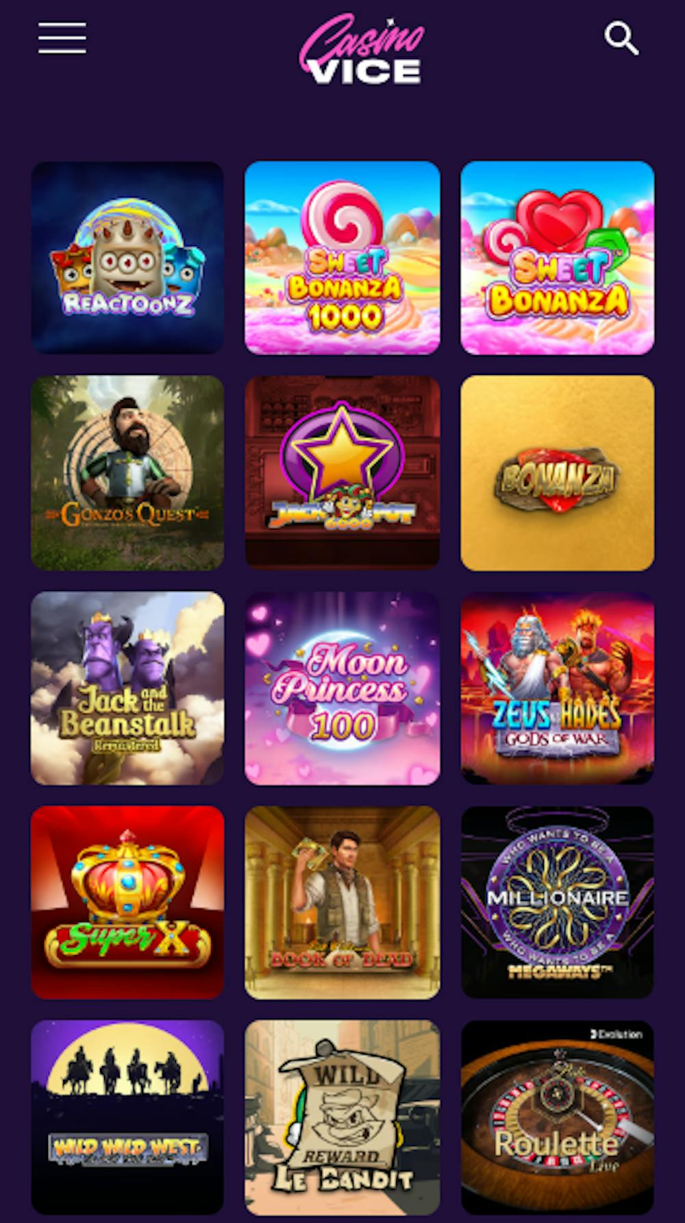 Casino Vicen suosituimpiin peleihin lukeutuvat esimerkiksi Sweet Bonanza ja Moon Princess 100.