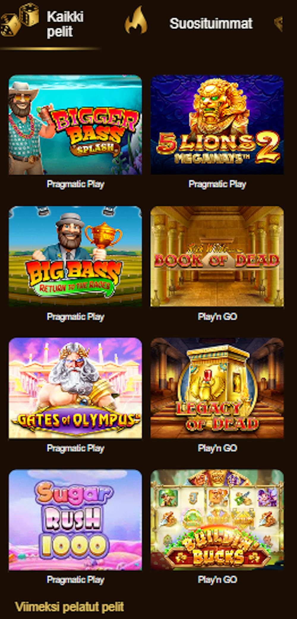 Gemobet Casinon pelejä ovat esimerkiksi Sugar Rush ja Big Bass Splash.