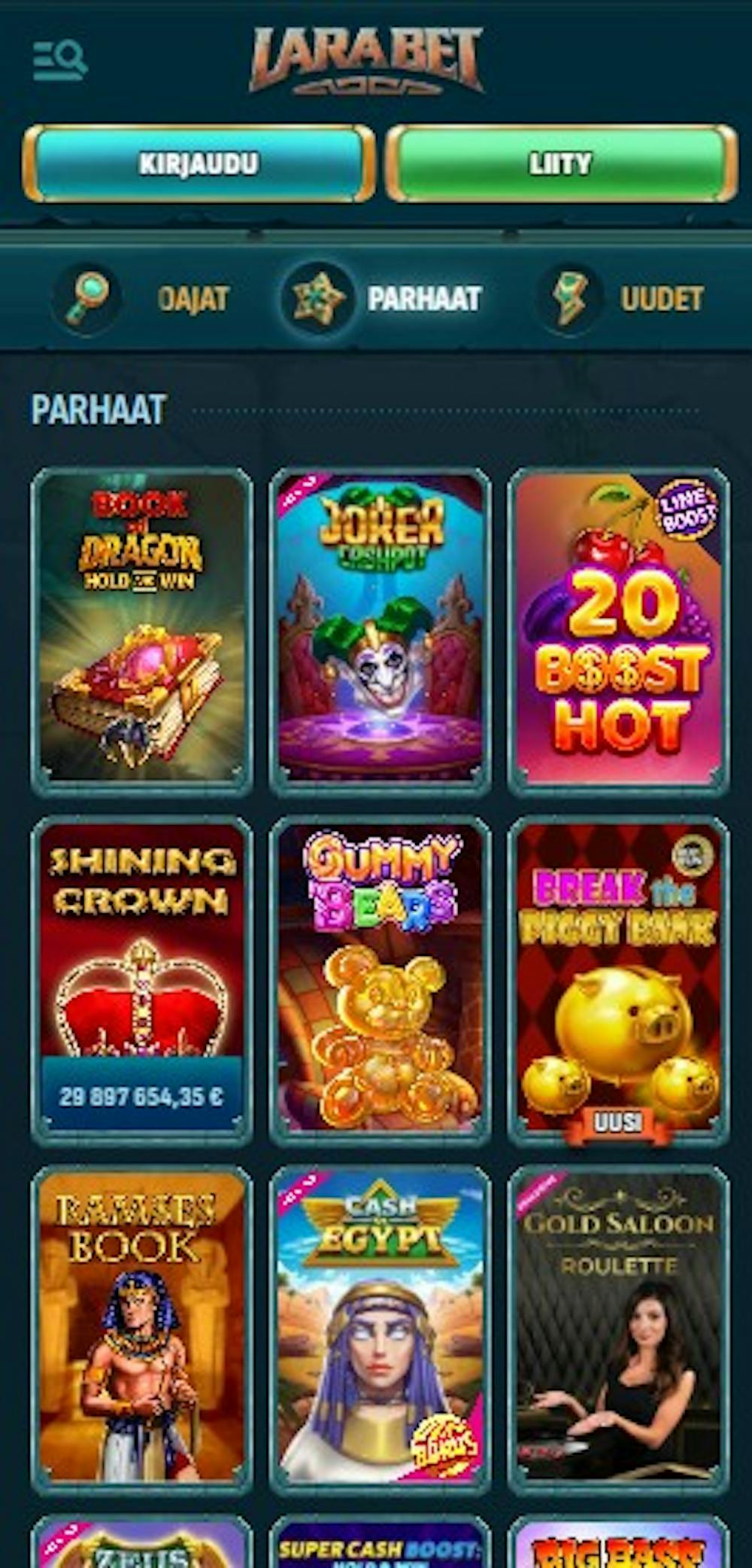Larabet kasinon pelejä ovat esimerkiksi Cash of Egypt ja Shining Crown.