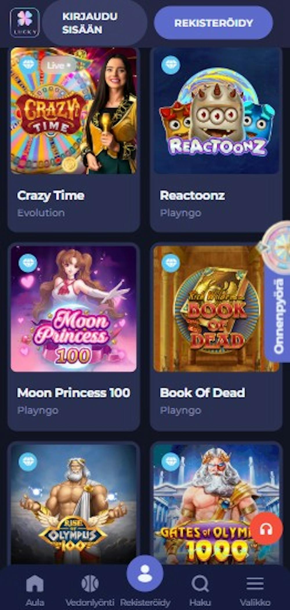 Luckyfriends Casinon suosittuja pelejä ovat esimerkiksi Gates of Olympus 1000 ja Moon Princess 100.