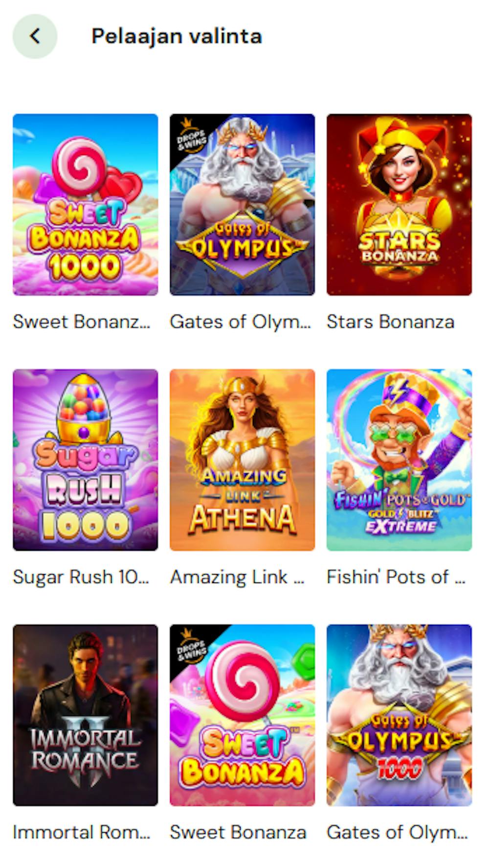 Lucky Nordic Casinon peleihin kuuluvat muun muassa Sweet Bonanza, Gates of Olympus ja Immortal Romance.