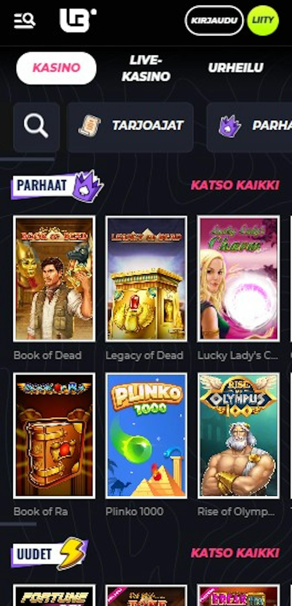 Lunubet kasinon suosituimpia pelejä ovat esimerkiksi Book of Dead ja Plinko 1000.