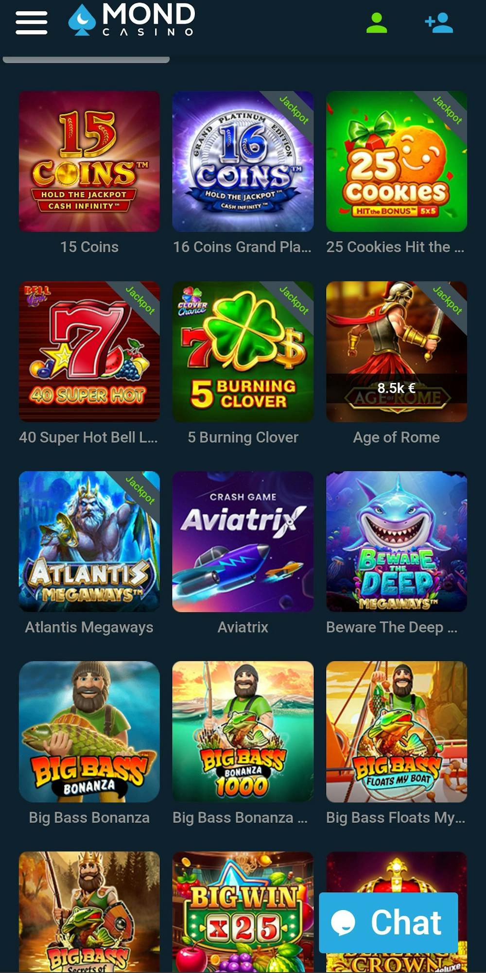 Mond Casinon pelikirjastosta löytyy esimerkiksi Big Bass Bonanza, Aviatrix, Atlantis ja monet muut suosikkipelit.