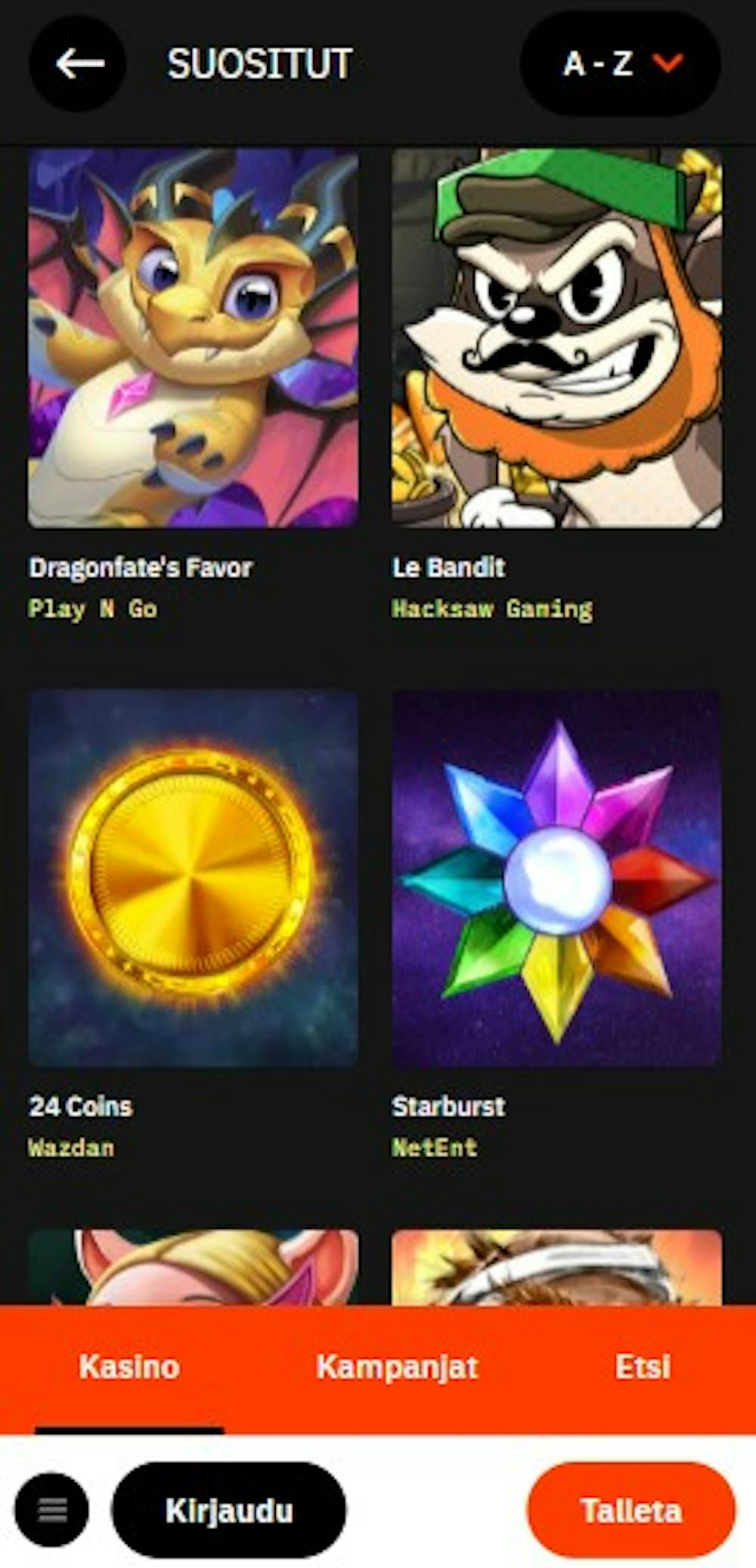 Nopein kasinon pelivalikoimassa on esimerkiksi Starburst, 21 Coins ja monet muut suosikkipelit.