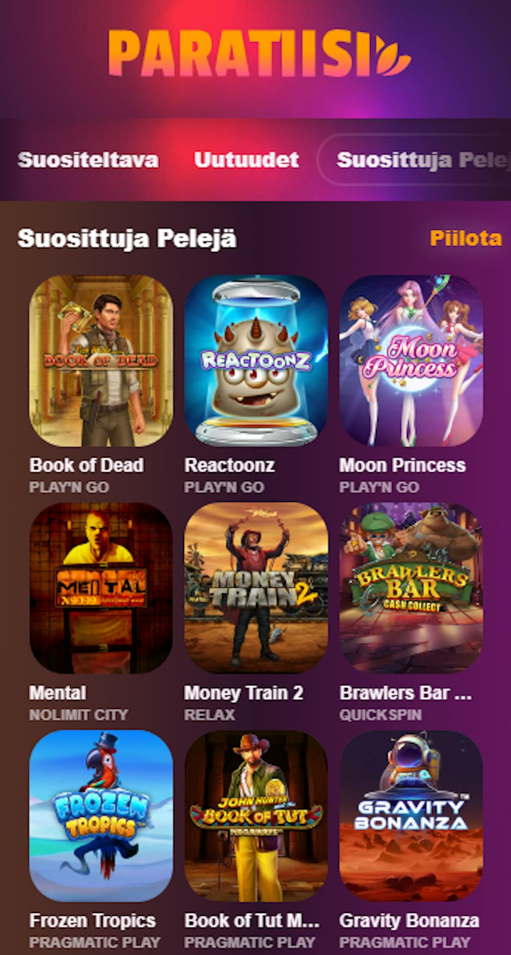 Paratiisi Casinon pelejä ovat esimerkiksi Book of Death, Money Train 2 ja Moon Princess.