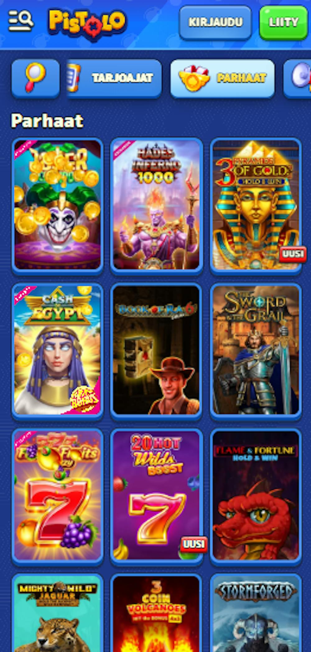 Pistolo Casinon pelikirjastosta löytyy esimerkiksi Cash of Egypt- ja Sword and the Grail -slotit.