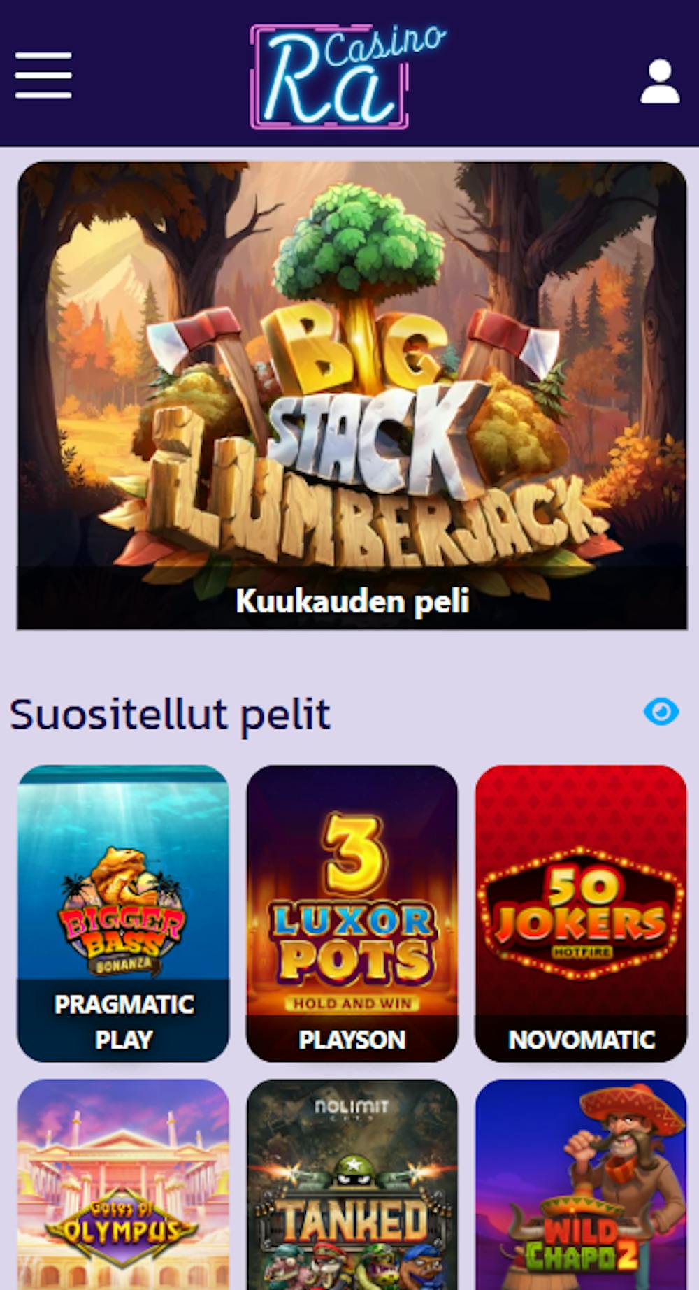 Ra Casinon peleihin kuuluu muun muassa Big Stack Lumberjack ja 50 Jokers.