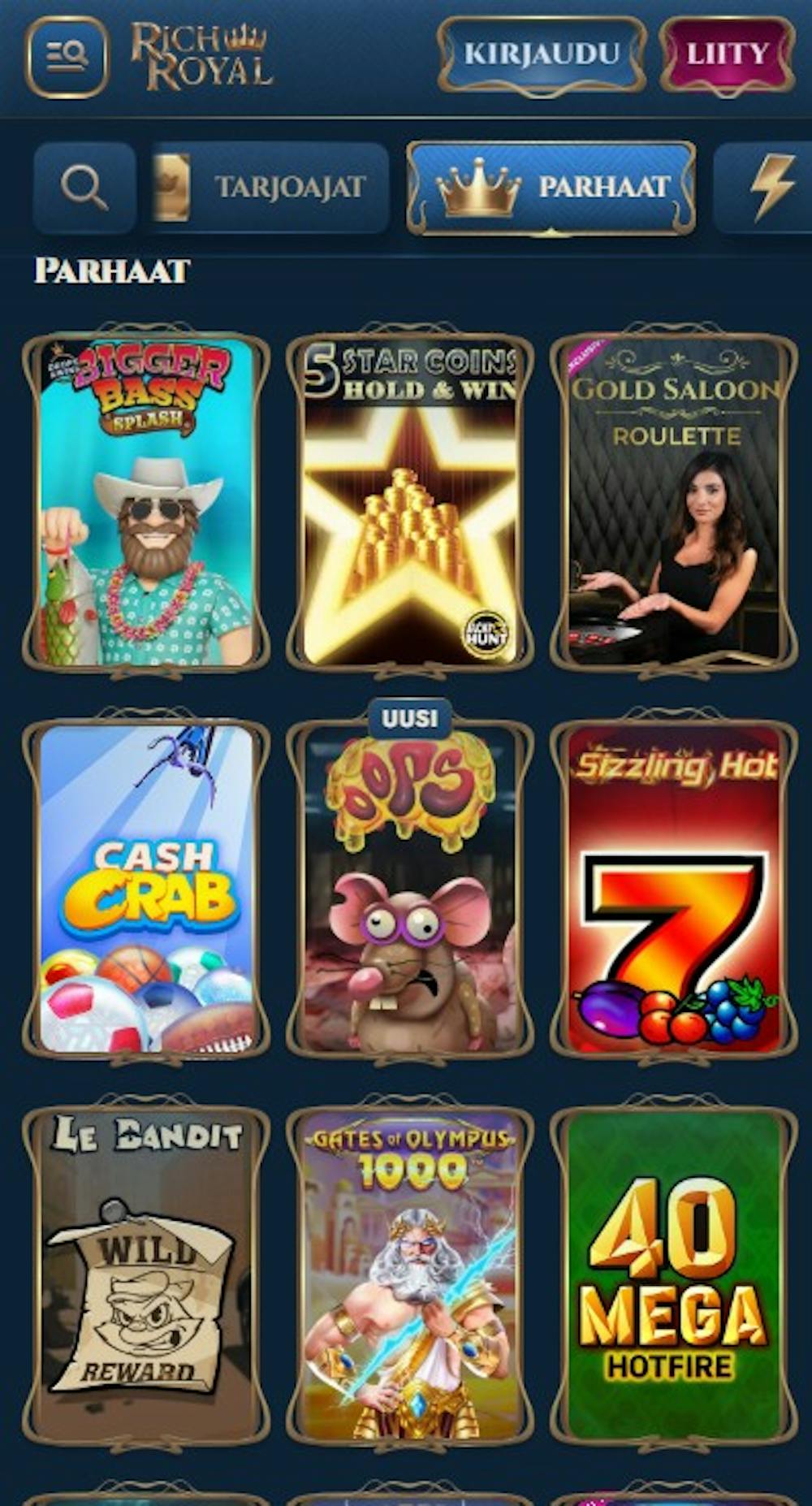 Rich Royal Casinon pelejä ovat esimerkiksi Cash Crab, Gates of Olympus 1000, Le Bandit ja monet muut kasinopelisuosikit.