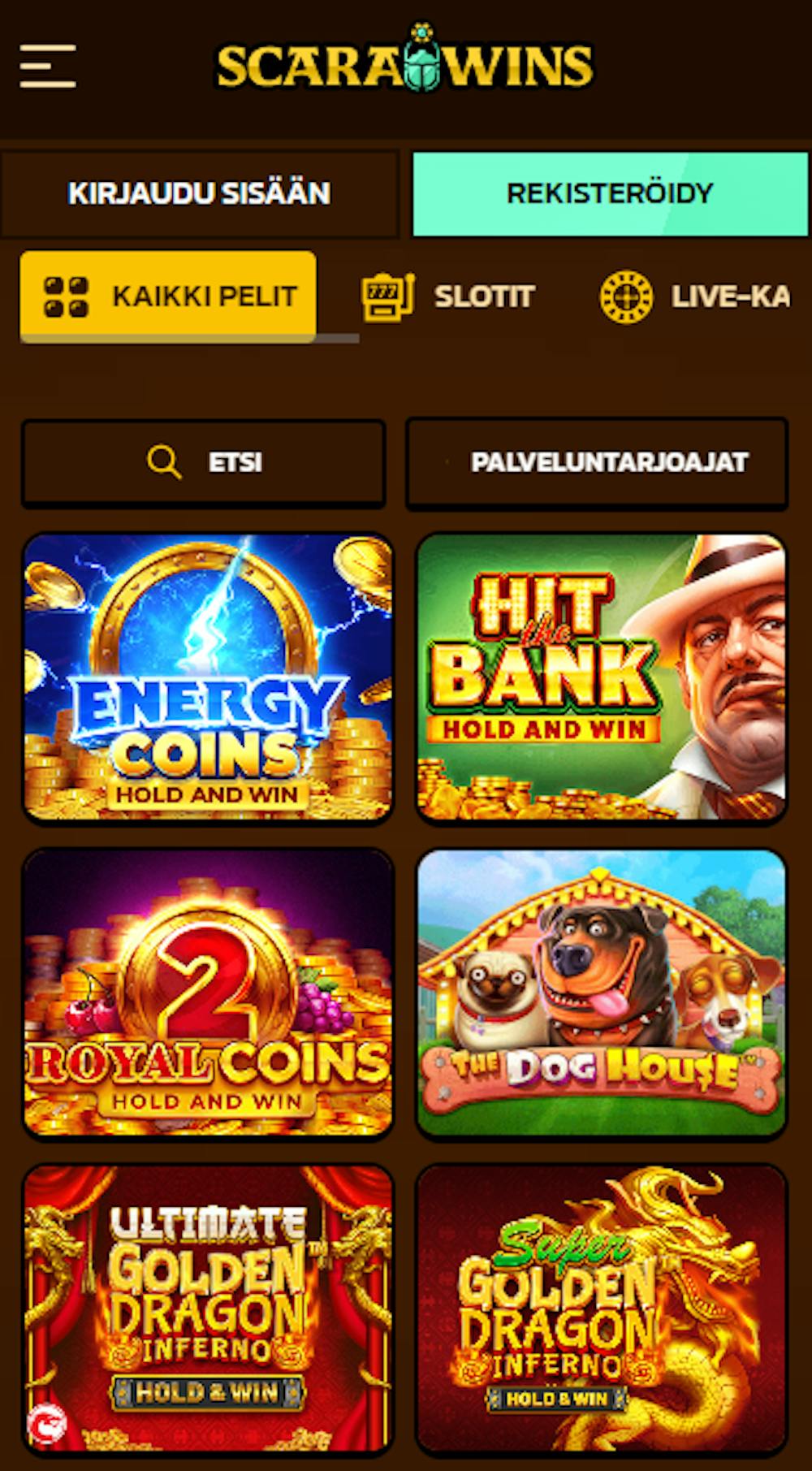 Scarawinsin parhaita pelejä ovat esimerkiksi The Dog House ja Energy Coins.