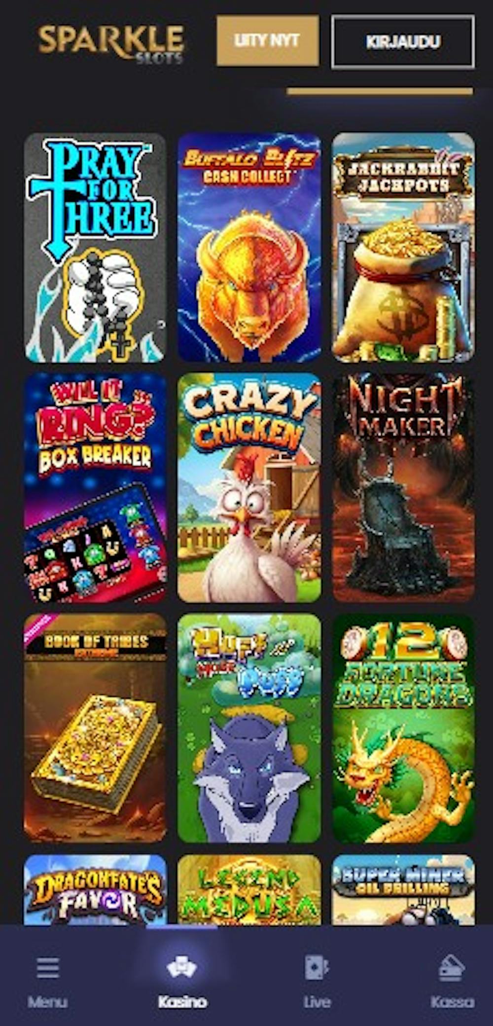 Sparkle Slots kasinon pelikattauksessa on sekä perinteisiä pöytäpelejä että uusimpia slotteja.