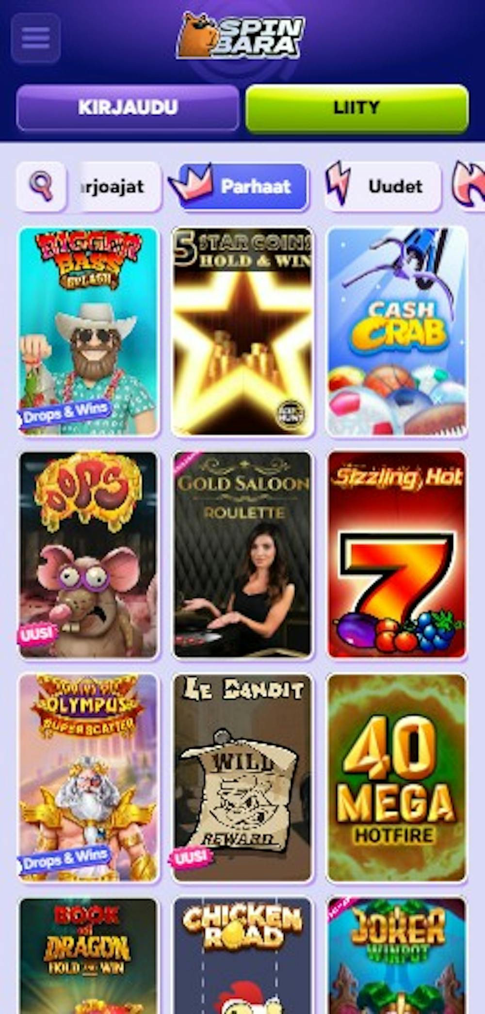 Spinbara Casinon pelikirjasto tarjoaa esimerkiksi pelit Cash Crab, Chicken Road ja 40 Mega Hotfire.