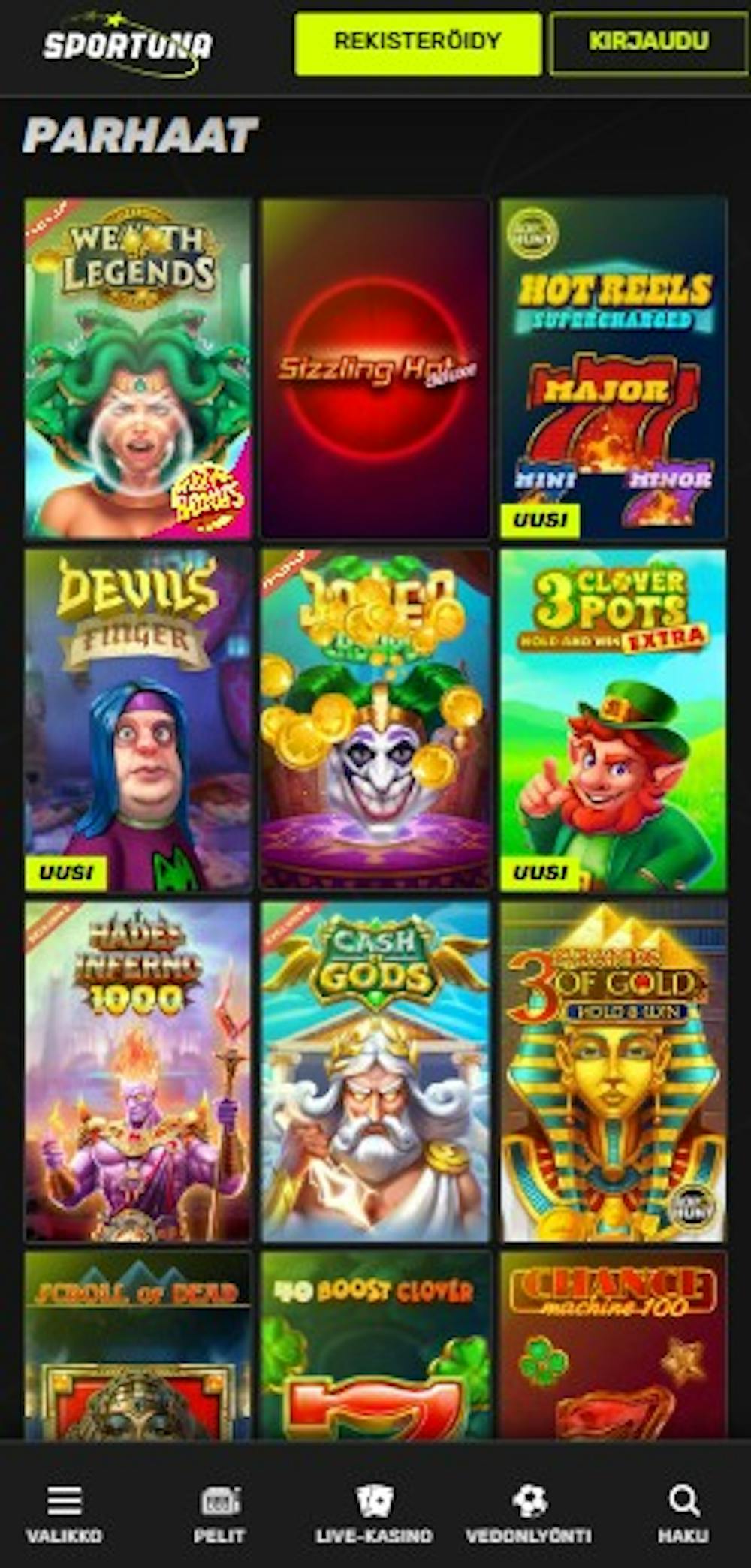 Sportunan parhaita pelejä ovat esimerkiksi Cash of Gods ja Rise of Olympus.