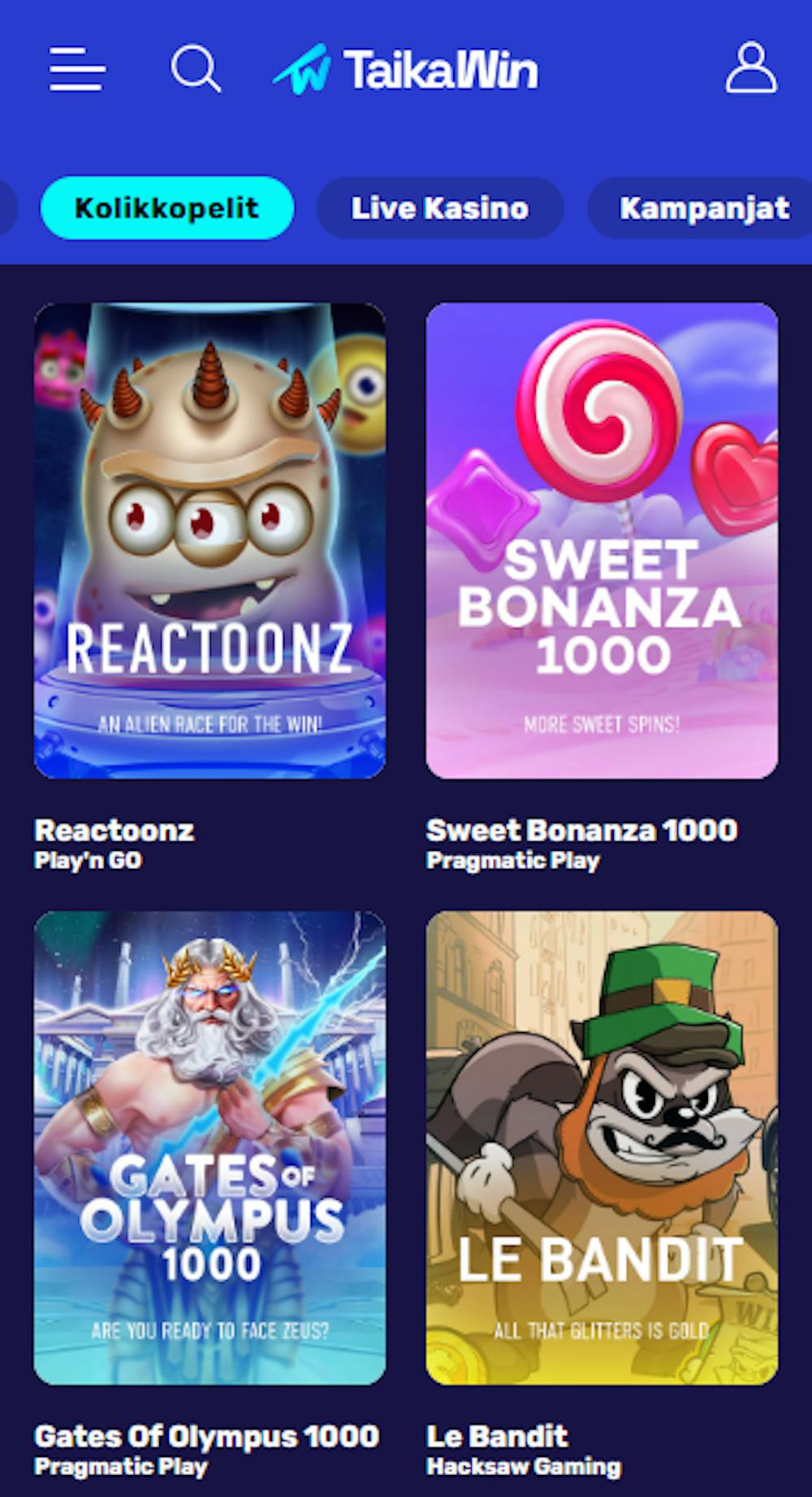 TaikaWin Casinon suosituimpiin peleihin kuuluvat Reactoonz, Sweet Bonanza 1000 ja Le Bandit.