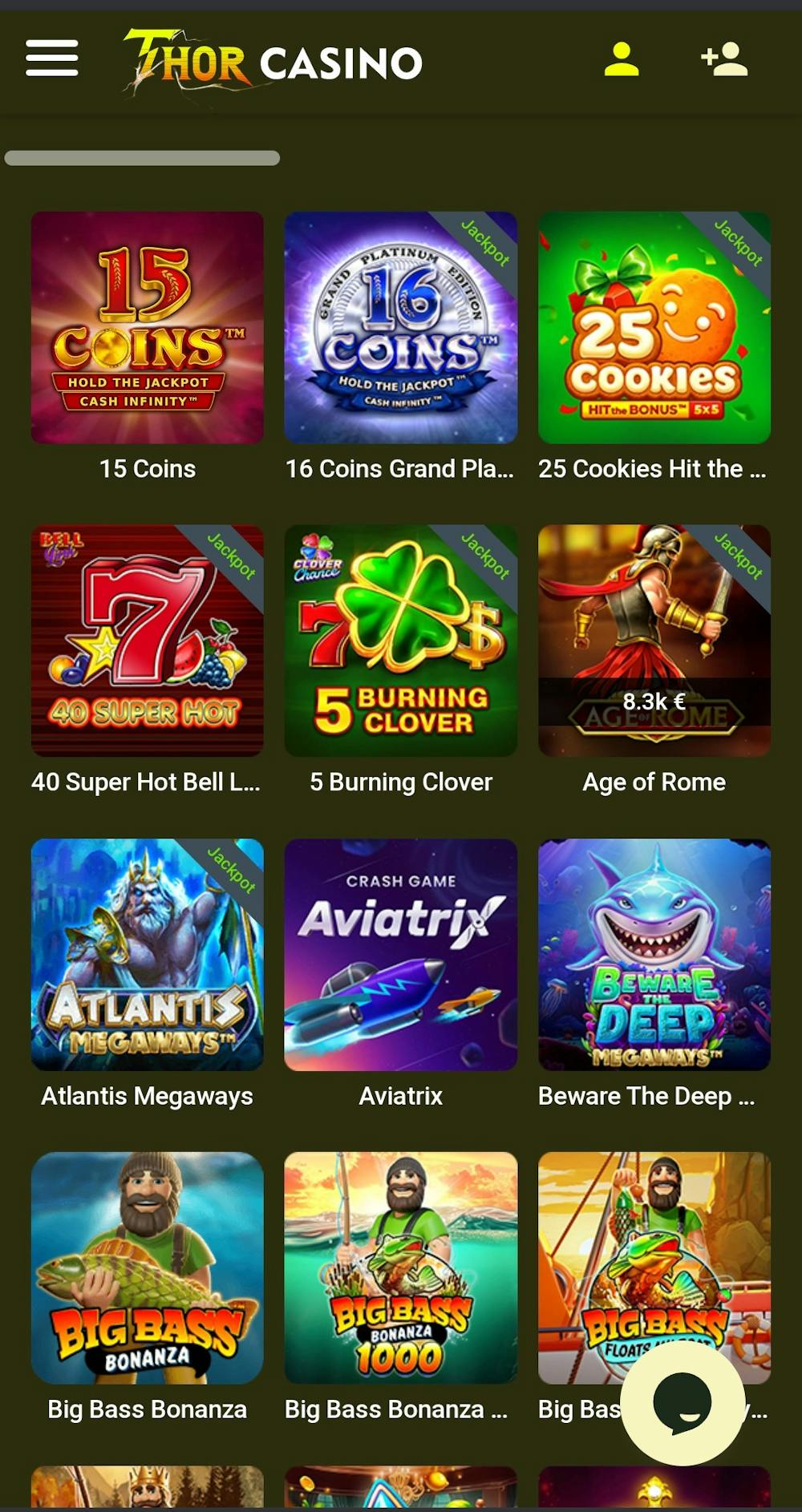 Thor Casinon suosittuja pelejä ovat esimerkiksi Big Bass Bonanza, 15 Coins ja Aviatrix.