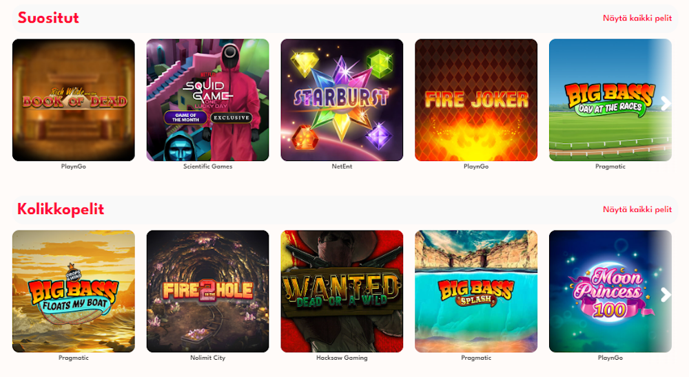 Pelivalikoima Top Kasino nettikasinolla.