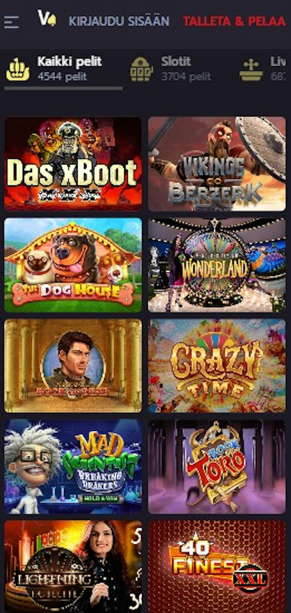 Valhalla Wins Casinon pelivalikoimassa on esimerkiksi The Dog House, Crazy Time ja Book of Dead.