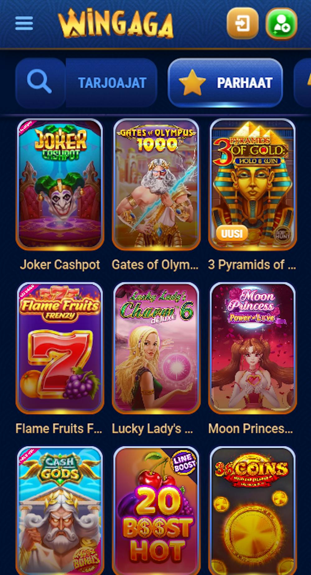 Wingaga kasinon peleihin kuuluvat Joker Cashpot ja Gates of Olympus.