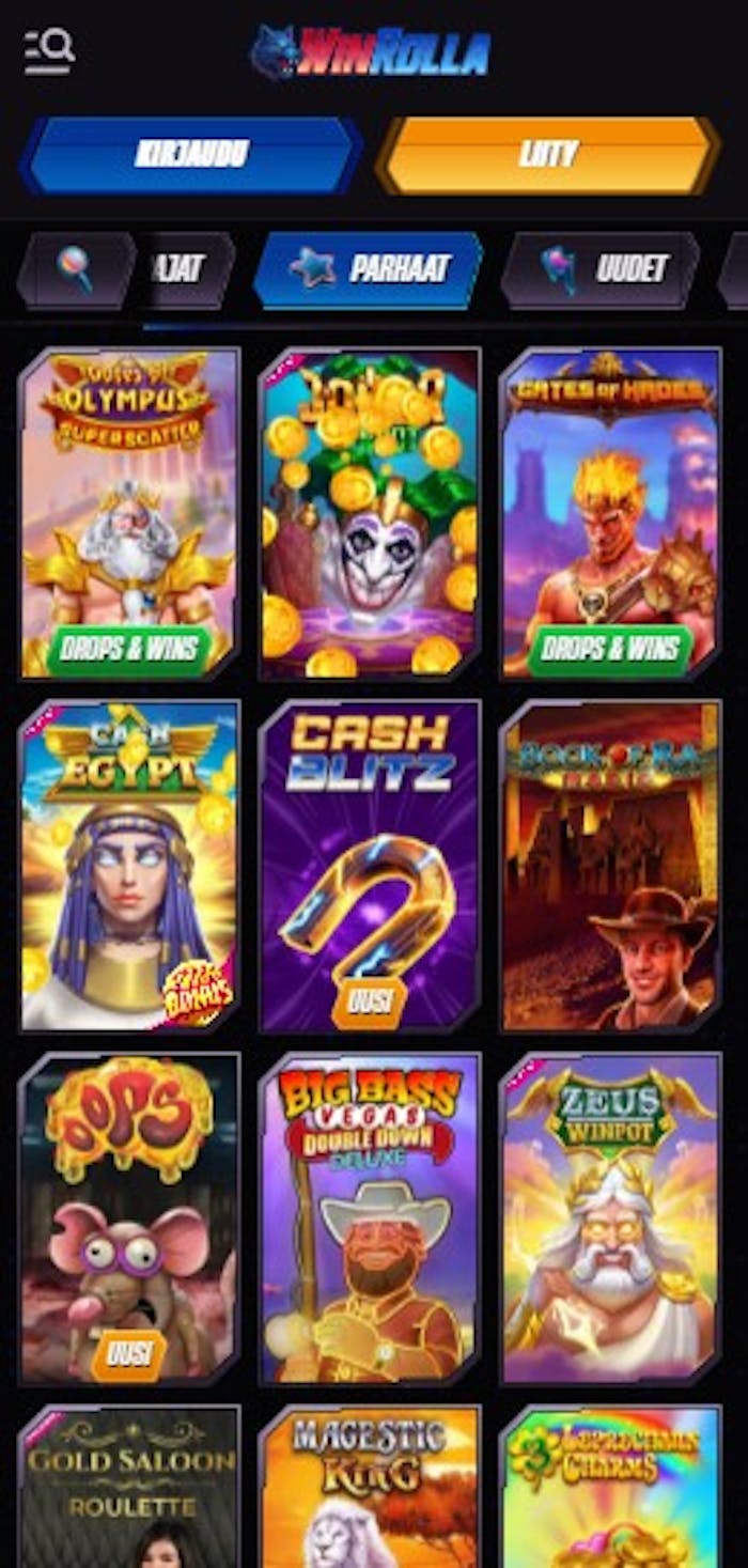 Winrolla Casinon pelikirjastosta löytyy esimerkiksi Cash of Egypt, Gates of Olympus pelejä sekä monia muita kolikkopelisuosikkeja.